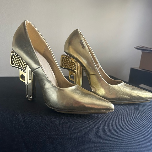 Shoes - Gold Sculptural Heel Pumps